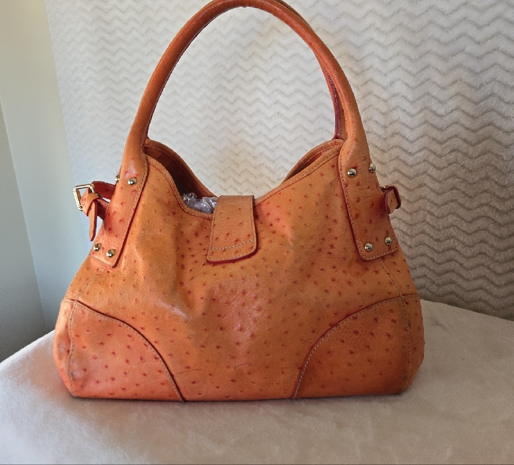 Dooney And Bourke Orange Ostrich Leather Satchel Handbag - Picture 2 of 12